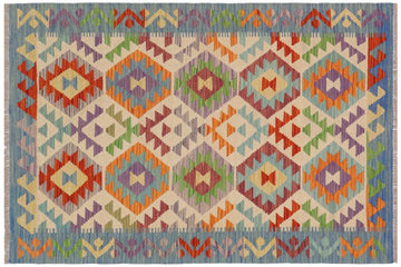 Flat Weave Kilim, Antique, Navaho, Vintage, Handmade, Geometric Kilim Beige Blue Hand-Woven Rectangle 100% Wool Area Rug 3 x 5